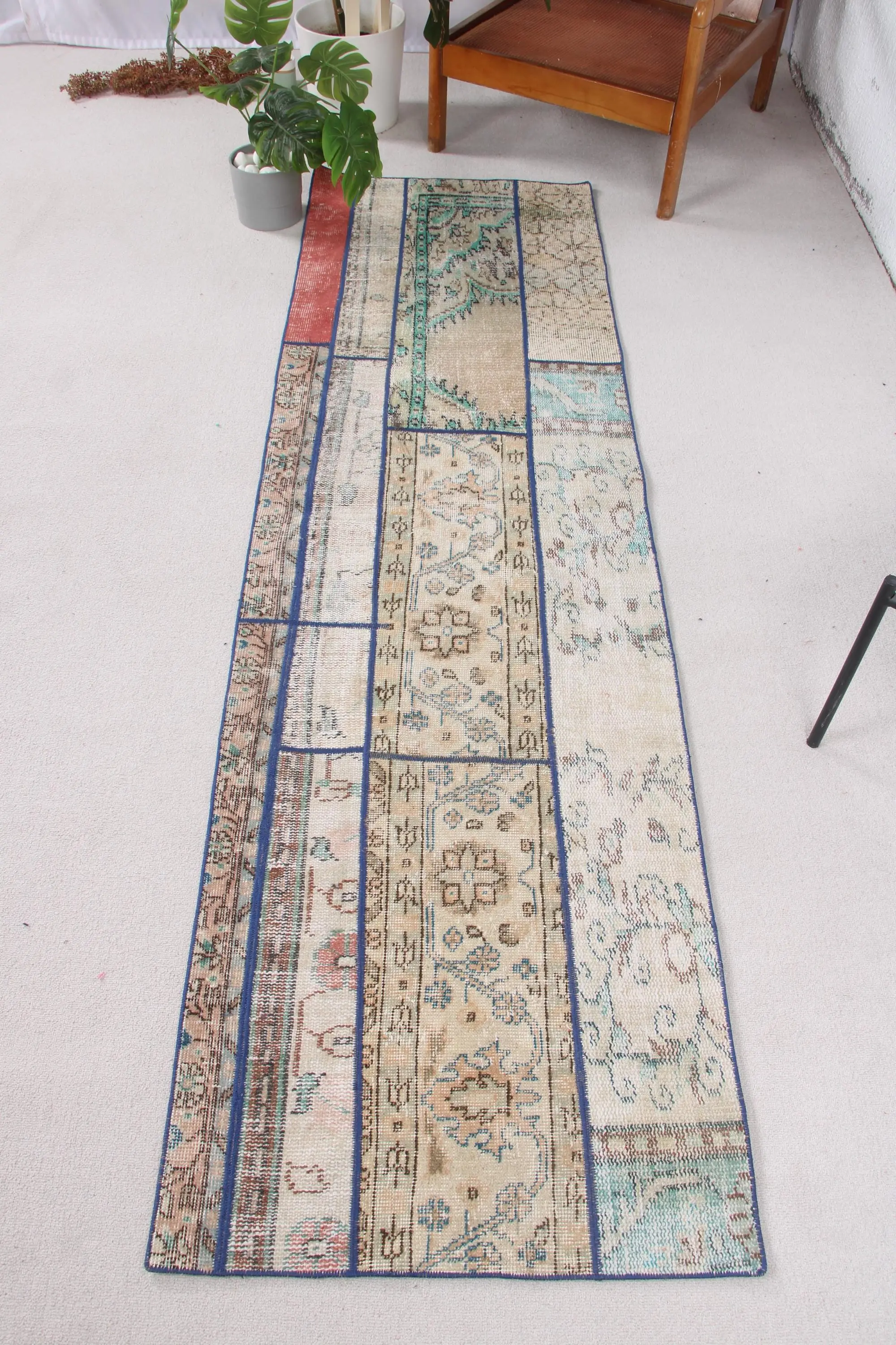 2.3x7.9 ft Turkish Runner Rug, Blue Brown Vintage Plants & trees Wool Rug - 1
