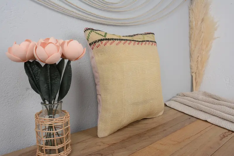 Almohada de tiro a rayas beige y rosa, cojín bordado vintage