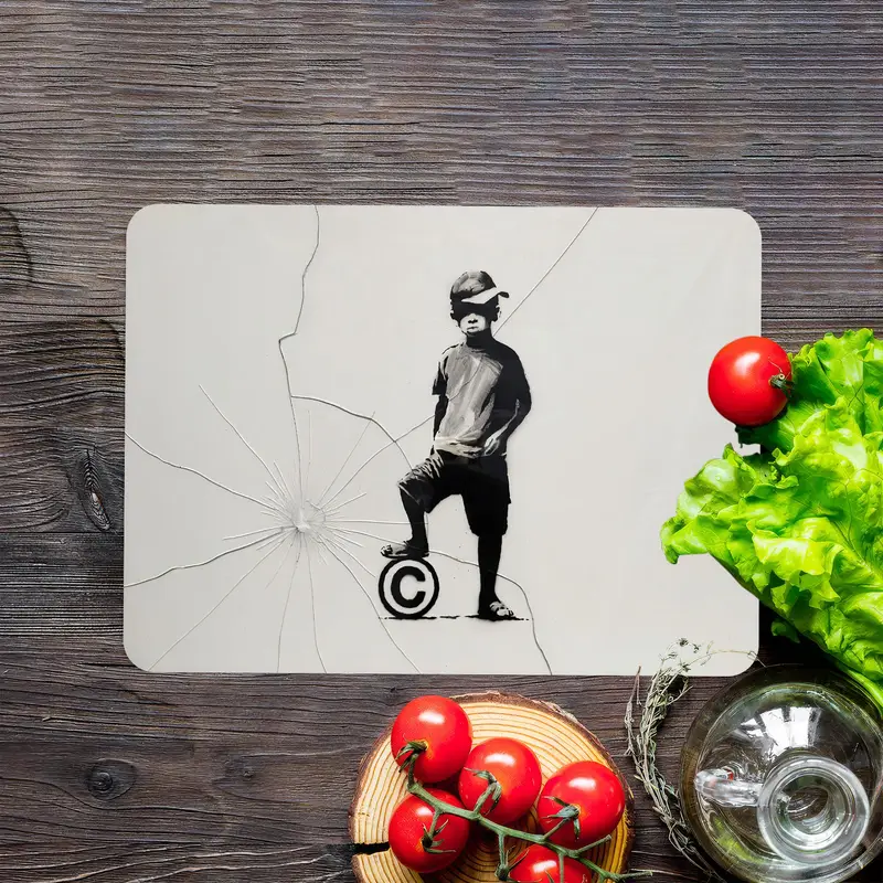 Artistic Glass Cutting Board with Banksy-Inspired Design for Kitchen