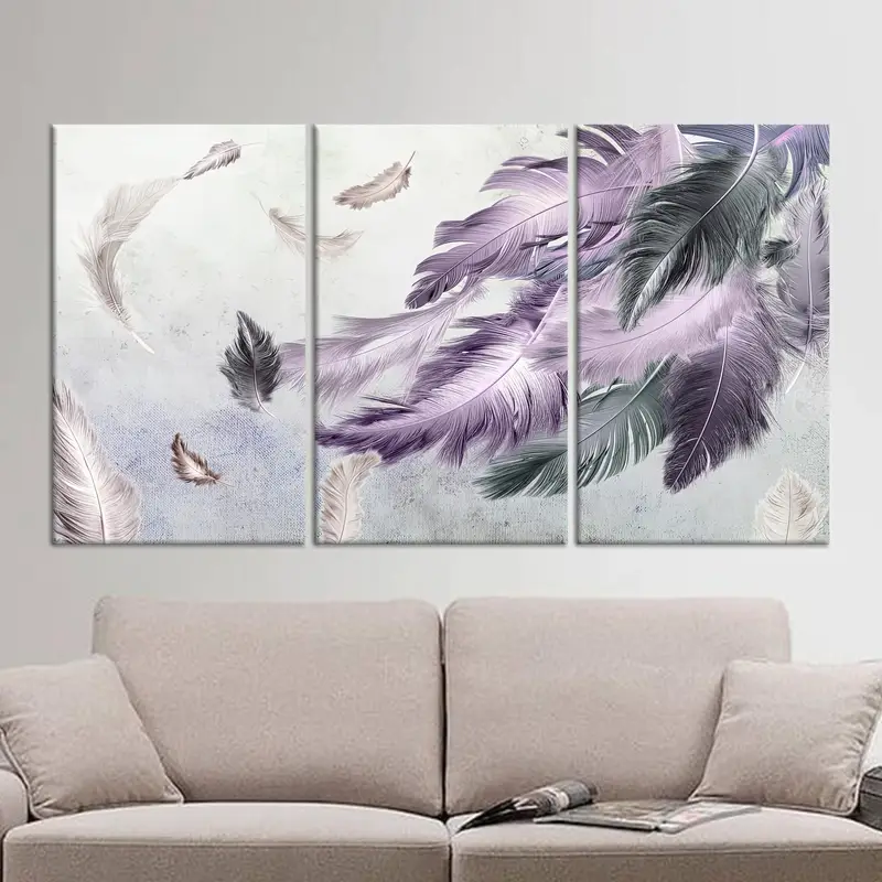 Lienzo contemporáneo morado con plumas: arte impreso en tonos suaves