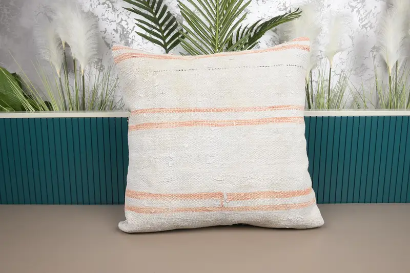 Dorm Room Vintage Wool Cushion Cover, Beige 70x70 cm Moroccan Striped Cushion Case - 1