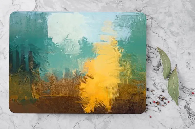 カラフルな緑と黄色のガラスのまな板、モダンな抽象的なデザイン