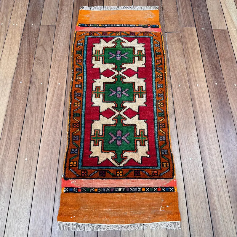 Vintage Small Rug, 1.6x3.9 ft Turkish Rug, Red Ombré Wool Rug - 1