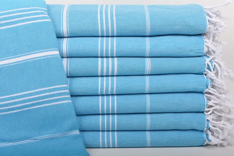 Turkish Turquoise Striped Organic Cotton Blanket, 87x63 Inches