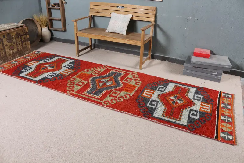 Vintage Türk Halısı, 3.2x11.3 ft Yolluk Halısı, Kırmızı Oushak Oryantal Halısı - 1