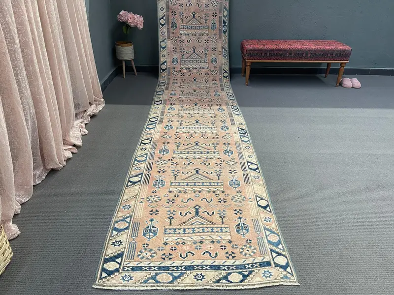 Vintage Turkish Rug 3x16.1 ft (91x490 cm), Oushak Blue Wool Rug - 1