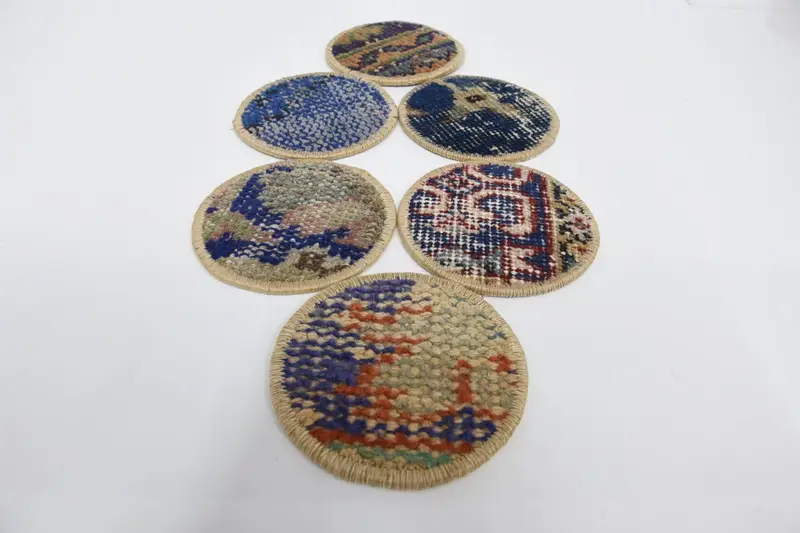 Blue and Beige Kilim Coaster, Unique Turkish Rug Coaster