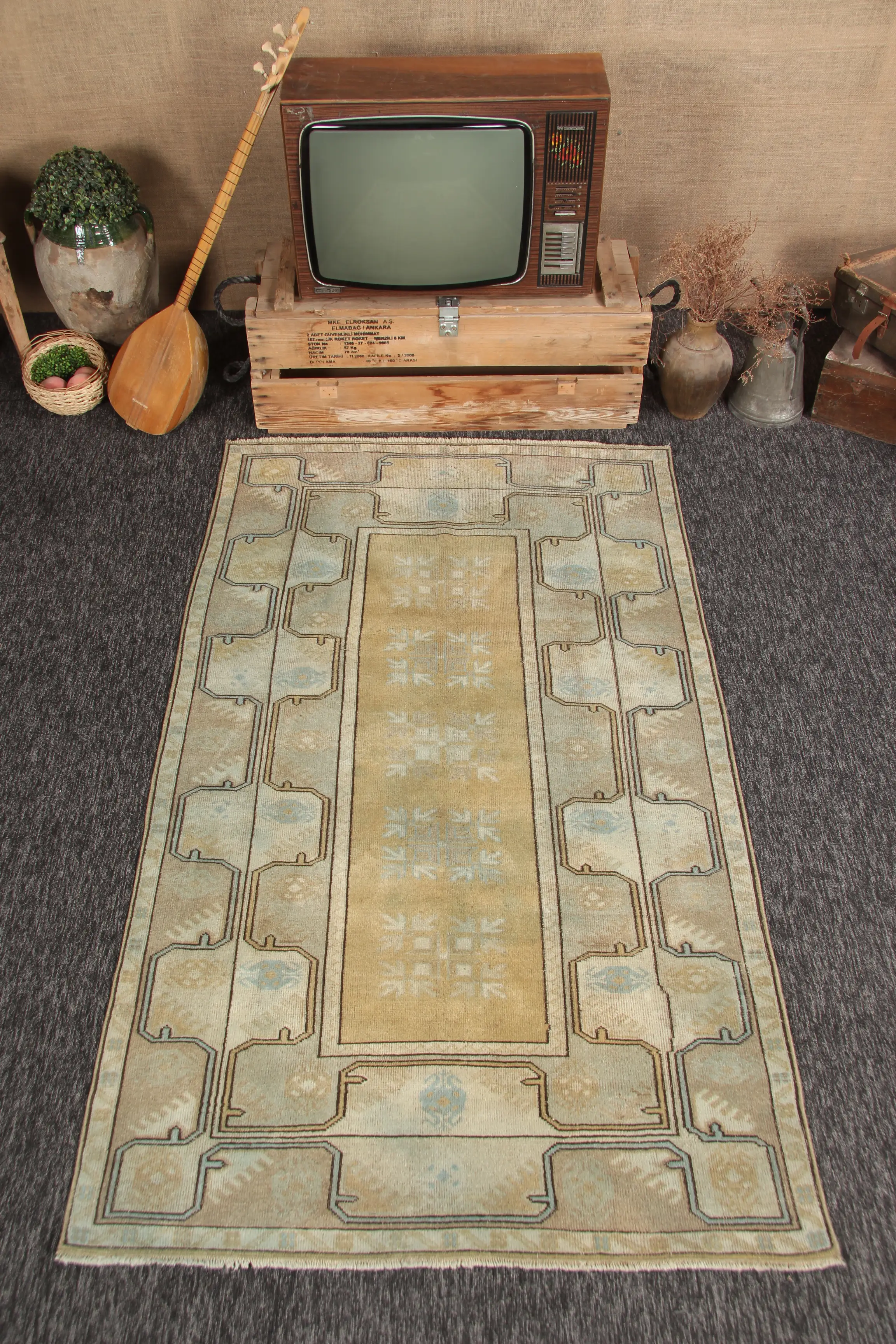 Türkischer Vintage Teppich, 3,8x6,6 ft Oushak Teppich, grün gelber geometrischer Teppich - 1