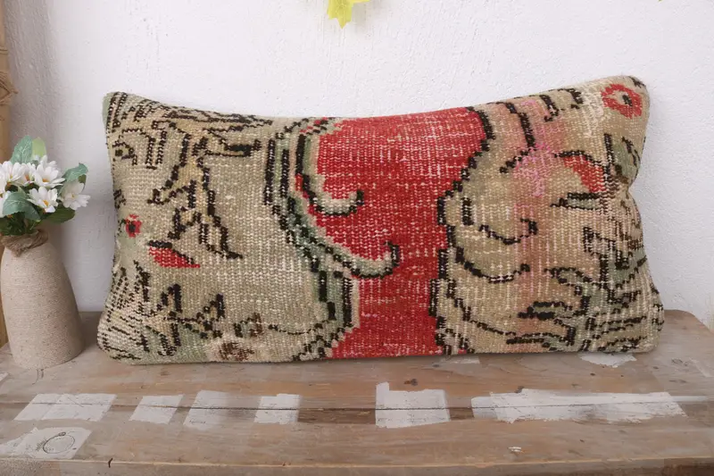 Vintage Kilim Throw Pillow, 12x24 Orange Pillow Sham, Ikat Pillow Cover, Cushion Case, Kilim Cushion Sham, Vintage Kilim Pillow - 2