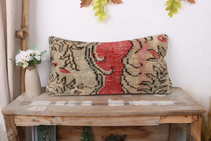 Vintage Kilim Throw Pillow, 12x24 Orange Pillow Sham, Ikat Pillow Cover, Cushion Case, Kilim Cushion Sham, Vintage Kilim Pillow - 1