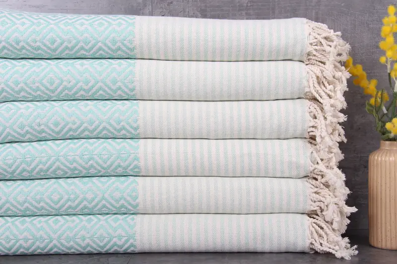 Turkish Beach Towel Diamond Mint Peshtemal Organic Cotton, 38x75 Inches