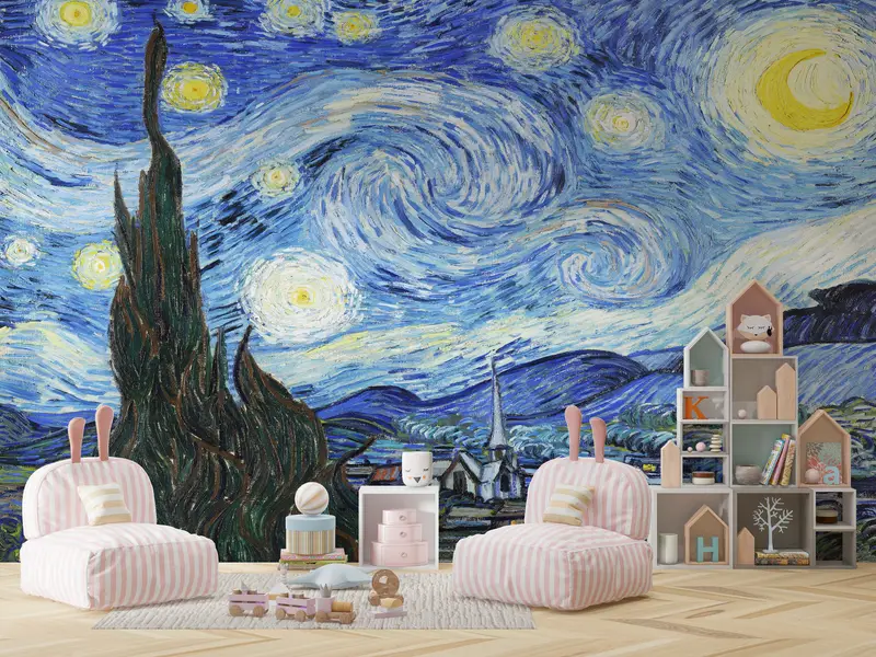Oil Painting Print, , Reproduction Wall Art, 3d Wall Paper, Modern Wall Paper, Wall Paper Peel and Stick, Starry Night Wall Paper, - 4