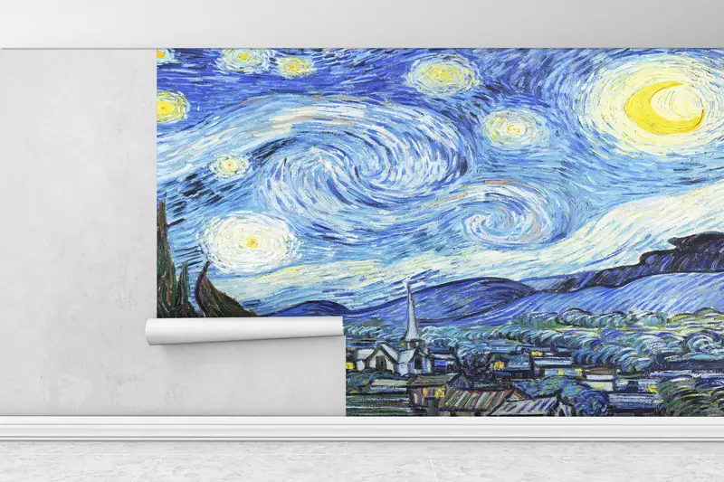 Oil Painting Print, , Reproduction Wall Art, 3d Wall Paper, Modern Wall Paper, Wall Paper Peel and Stick, Starry Night Wall Paper, - 1