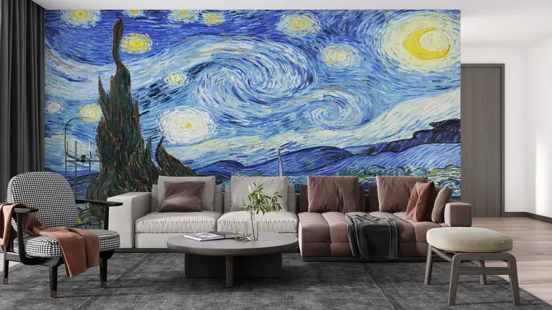 Oil Painting Print, , Reproduction Wall Art, 3d Wall Paper, Modern Wall Paper, Wall Paper Peel and Stick, Starry Night Wall Paper, - 3