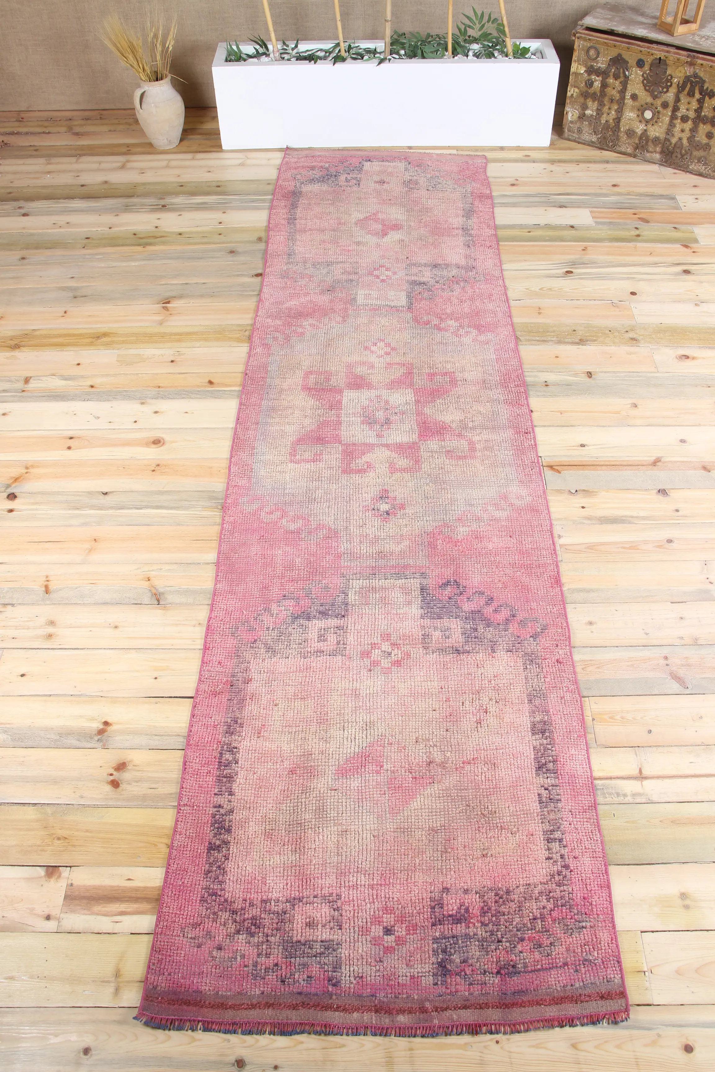 3.1x12.1 ft Rug, Vintage Turkish Rug, Herki Pink Geometric Rug - 1
