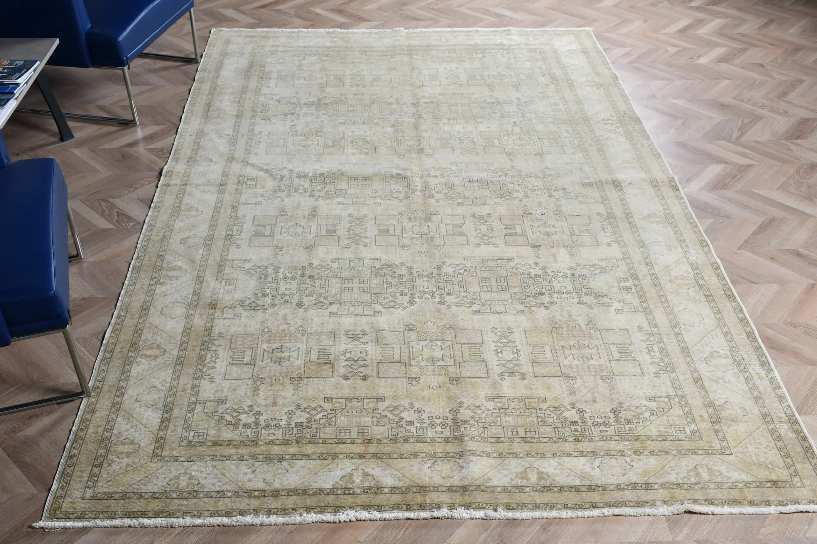 Türk 6.35x9.9 ft Büyük Halı, Vintage Halı, Beyaz Güneybatı Halısı - 1