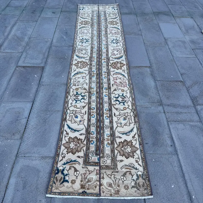 Alfombra turca Oushak Runner 2,3x10,2 pies (69x312 cm), alfombra vintage azul del suroeste - 1
