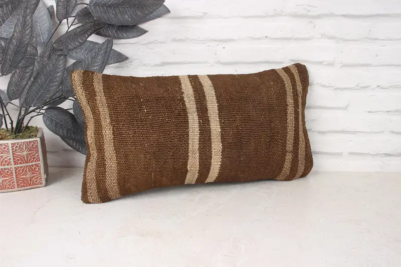 Vintage Pillow, Sustainable Cushion Case, Vintage Kilim Pillow, Pillow Cover, Vintage Kilim Throw Pillow, 10x20 Brown Cushion, Cotton Pillow Cover - 3