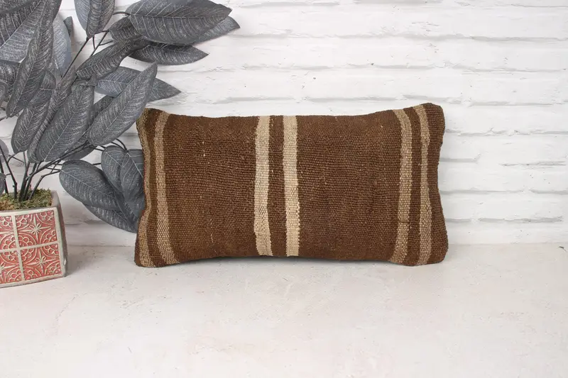 Vintage Pillow, Sustainable Cushion Case, Vintage Kilim Pillow, Pillow Cover, Vintage Kilim Throw Pillow, 10x20 Brown Cushion, Cotton Pillow Cover - 1