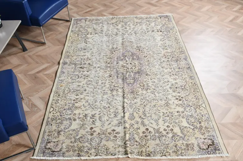 Alfombra turca de 5,1x8,1 pies, alfombra Oushak, lana de alfombra blanca - 1