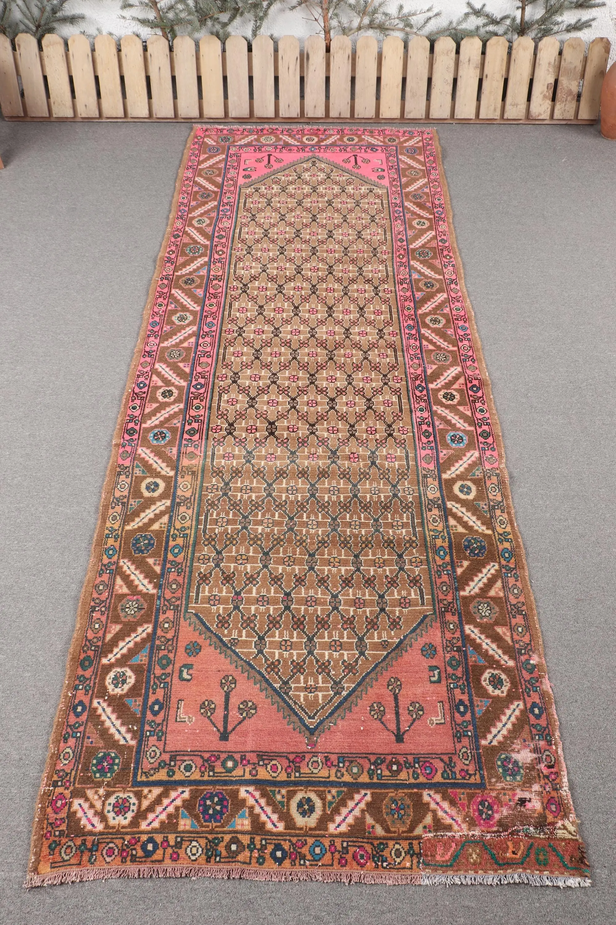 Vintage Turkish Runner Rug 3.37x9.6 ft, Brown Wool Rug - 1