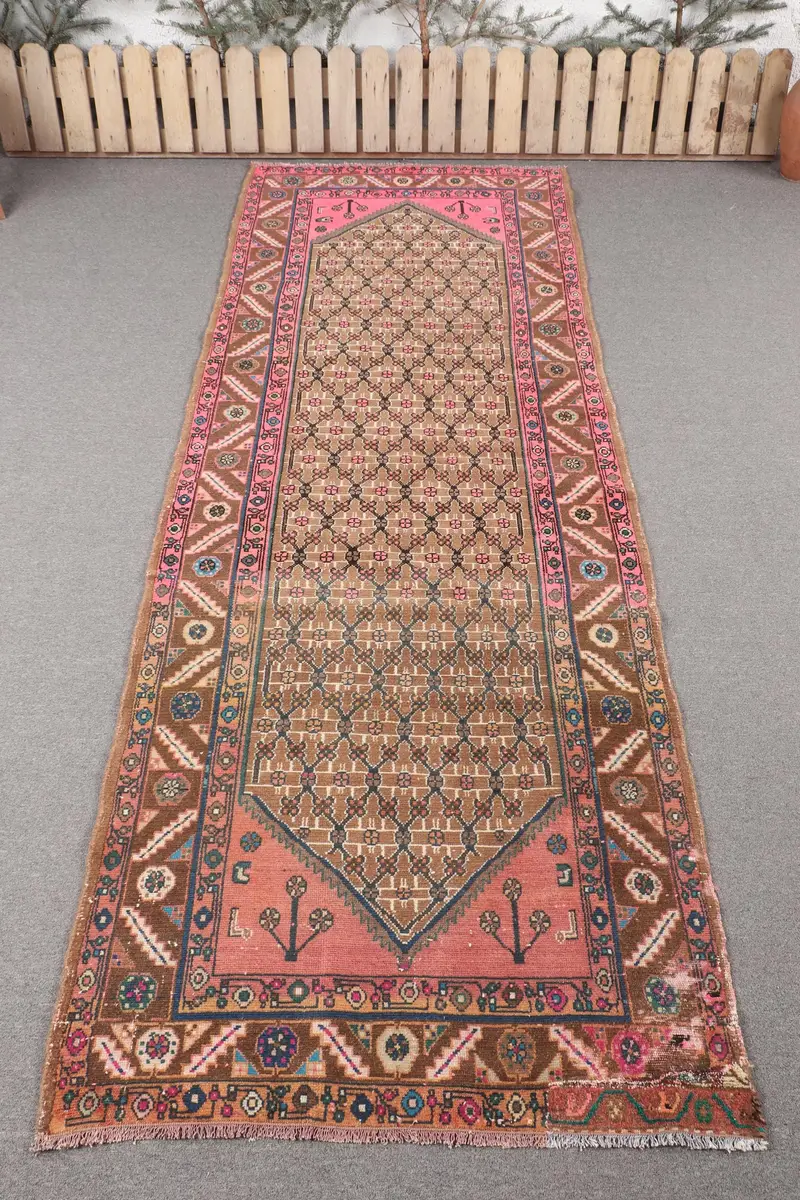 Alfombra hecha a mano en color marrón y rosa, 100 x 250 cm, floral y geométrica