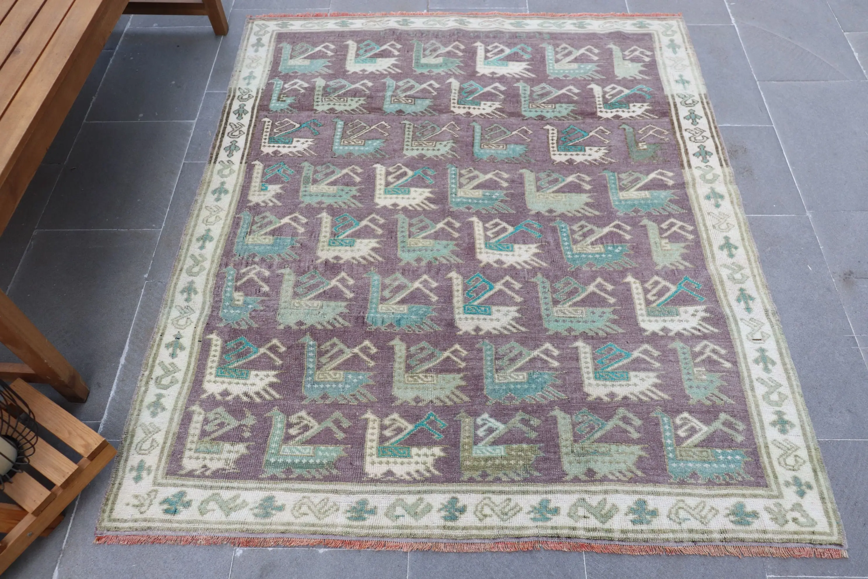 Vintage Halı, Accent 4.3x5.1 ft Türk Halısı, Kahverengi Kareli Yün Halı - 1