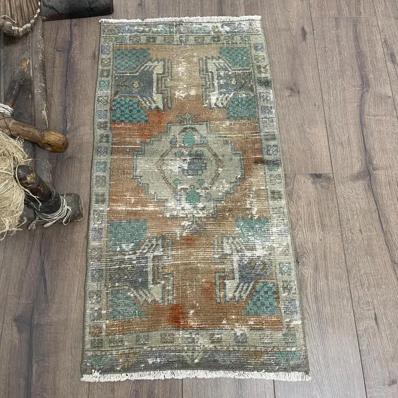 1.5x3 ft Orange Moroccan Rug, Vibrant Green Accents