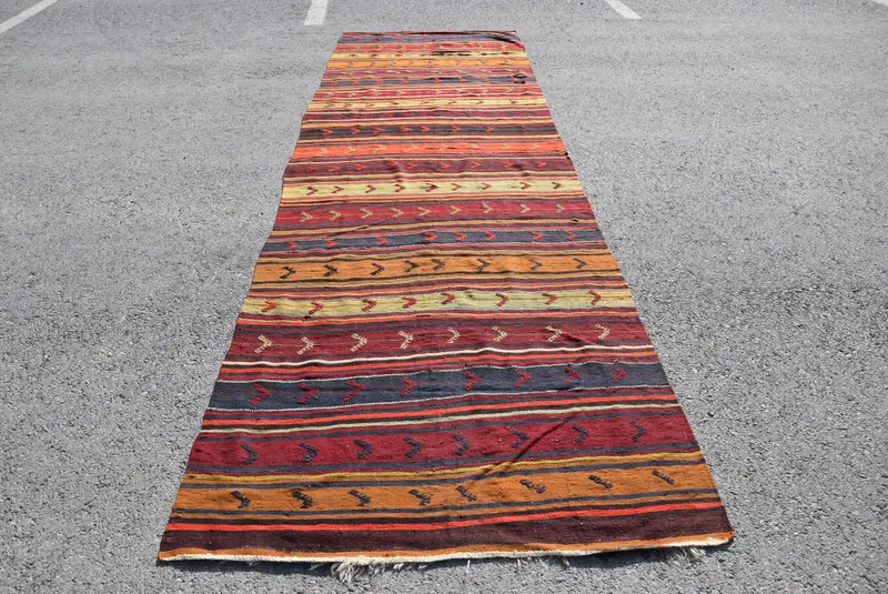 4.3x14.6 ft Vintage Turkish Rug, Runner Rug, Red Kilim Bordered Rug - 1