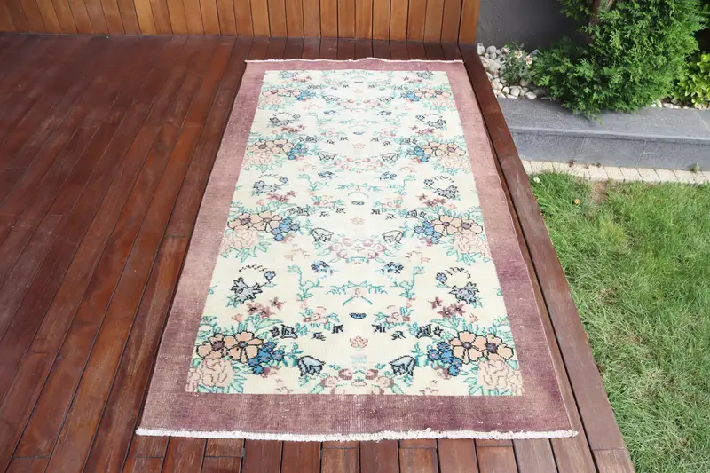 3.5x6.8 ft Vintage Rug, Oushak Rug, Brown Plants & trees Rug Wool - 1