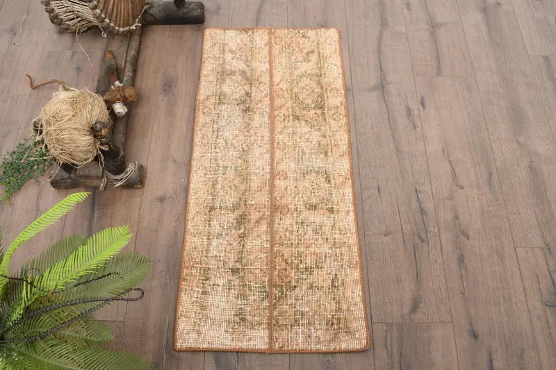 Türk Halısı, 1.4x3.3 ft Küçük Halı, Kahverengi Oryantal Yün Vintage Halı - 1