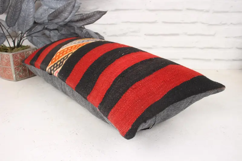 Boho Chic Pillow, Handwoven Pillow Cover Cushion, Kilim Cushion Sham, Handmade Kilim Cushion, Antique Pillows, Pillow, 12x24 Red Pillow Cover - 6