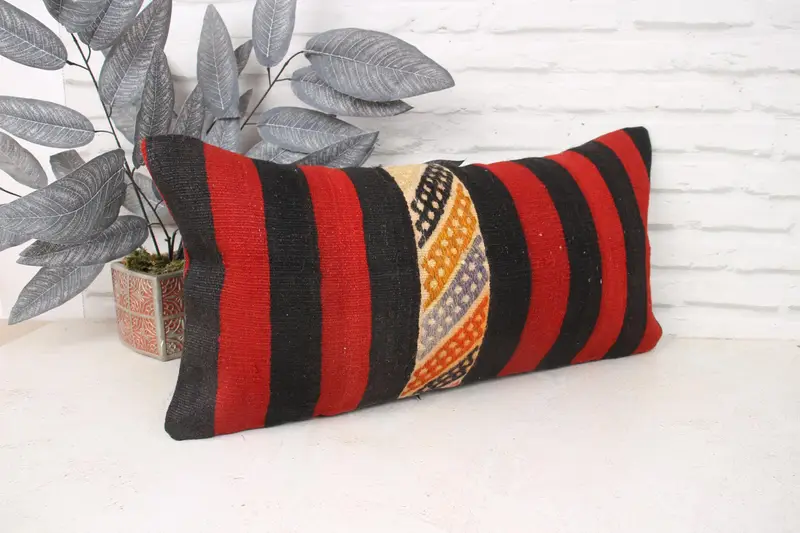 Boho Chic Pillow, Handwoven Pillow Cover Cushion, Kilim Cushion Sham, Handmade Kilim Cushion, Antique Pillows, Pillow, 12x24 Red Pillow Cover - 4