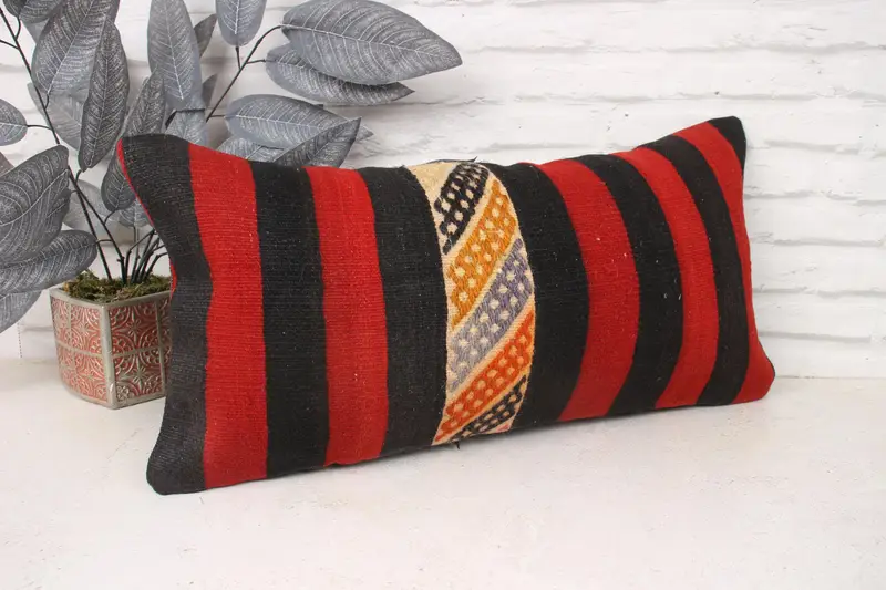 Boho Chic Pillow, Handwoven Pillow Cover Cushion, Kilim Cushion Sham, Handmade Kilim Cushion, Antique Pillows, Pillow, 12x24 Red Pillow Cover - 3