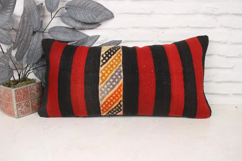 Boho Chic Pillow, Handwoven Pillow Cover Cushion, Kilim Cushion Sham, Handmade Kilim Cushion, Antique Pillows, Pillow, 12x24 Red Pillow Cover - 1