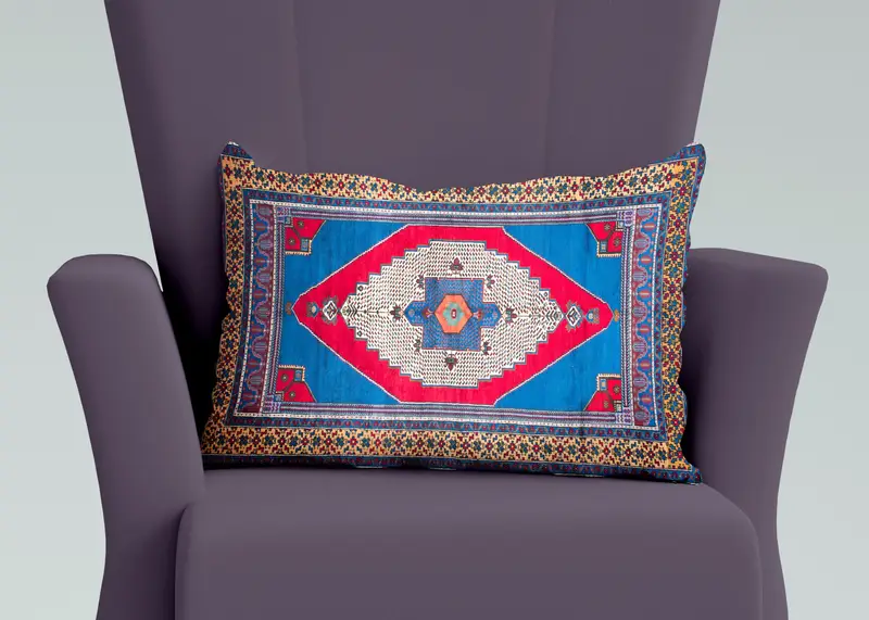 Handgefertigtes besticktes Kissen, Vintage-Akzentkissen in Blau und Rot