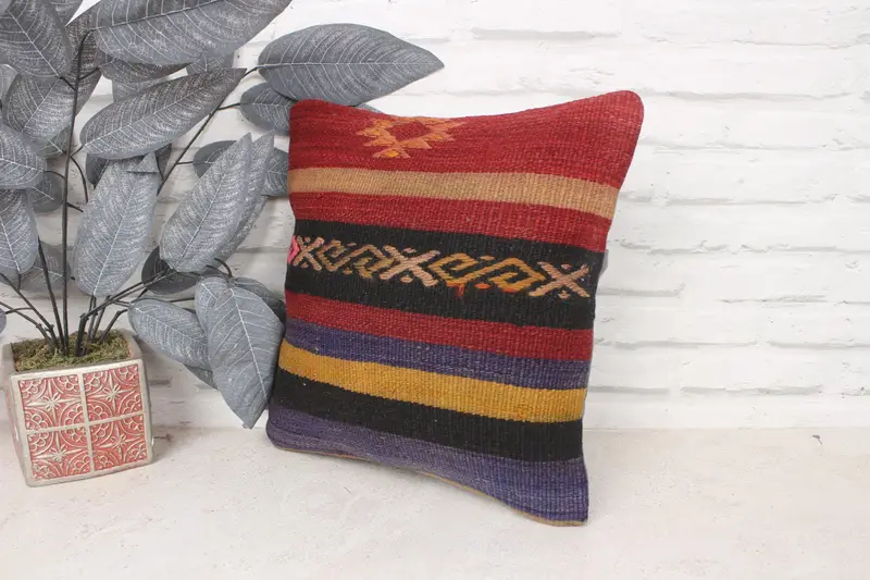 Turkish Pillow, Vintage Kilim Throw Pillow, Vintage Throw Pillow Case, Pillow, Traditional Cushion Case, Interior Designer Pillow, 14x14 Red Cushion - 4