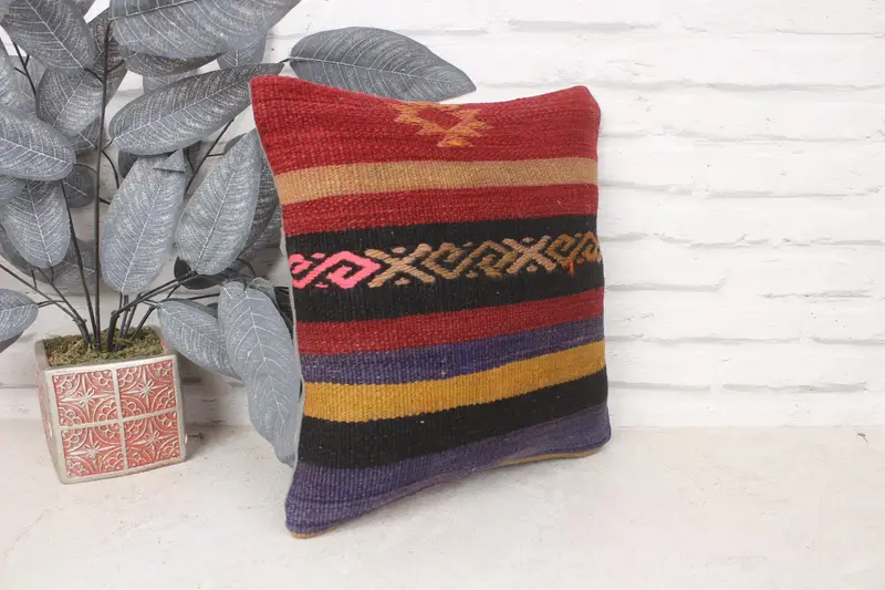Turkish Pillow, Vintage Kilim Throw Pillow, Vintage Throw Pillow Case, Pillow, Traditional Cushion Case, Interior Designer Pillow, 14x14 Red Cushion - 3