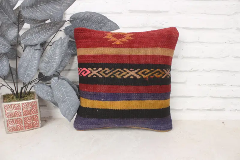 Turkish Pillow, Vintage Kilim Throw Pillow, Vintage Throw Pillow Case, Pillow, Traditional Cushion Case, Interior Designer Pillow, 14x14 Red Cushion - 1