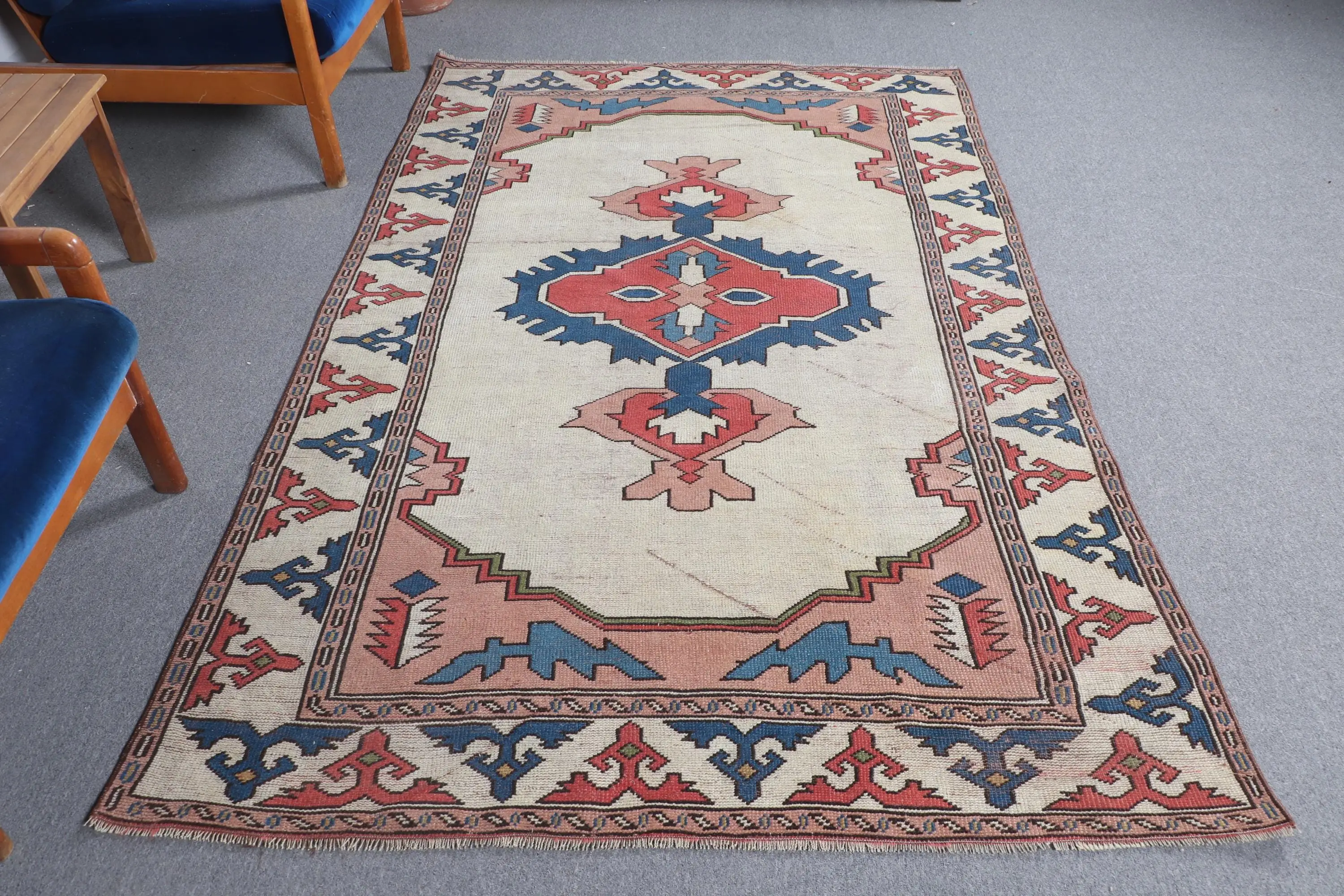 Vintage Turkish Rug 5x7.5 ft, Red Striped Wool Rug - 1