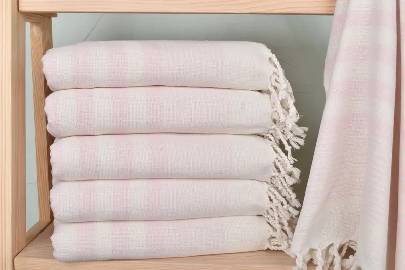Beach Size Terry Towel, Light Pink Striped, Organic Cotton/Linen, 40x67 Inches