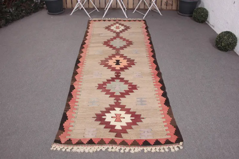 Handmade Beige & Purple Rug, 3,2x8,2 ft Polka Dot