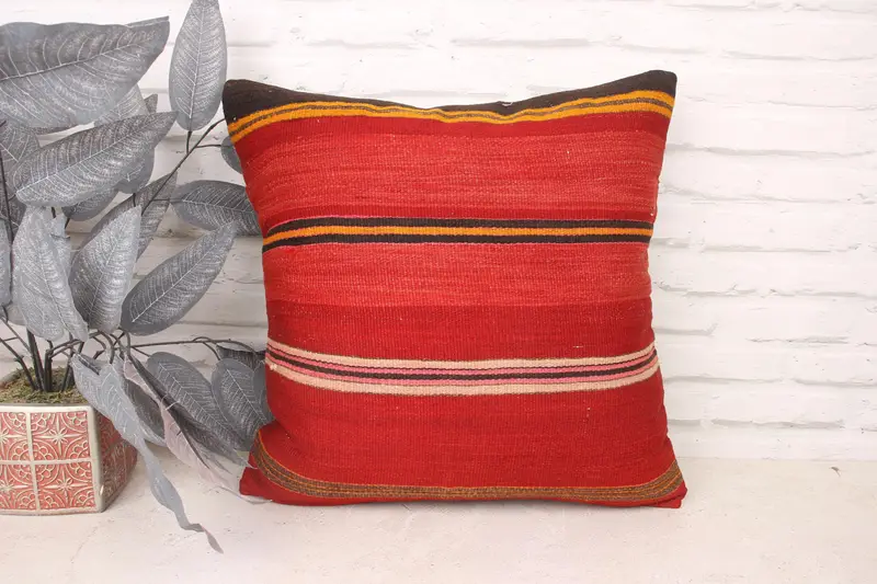 Pillow for Sofa, Wool Kilim Pillow Cushion Cover, Pillow, 18x18 Red Pillow Case, Ethnical Kilim Rug Pillow, Vintage Kilim Throw Pillow - 1