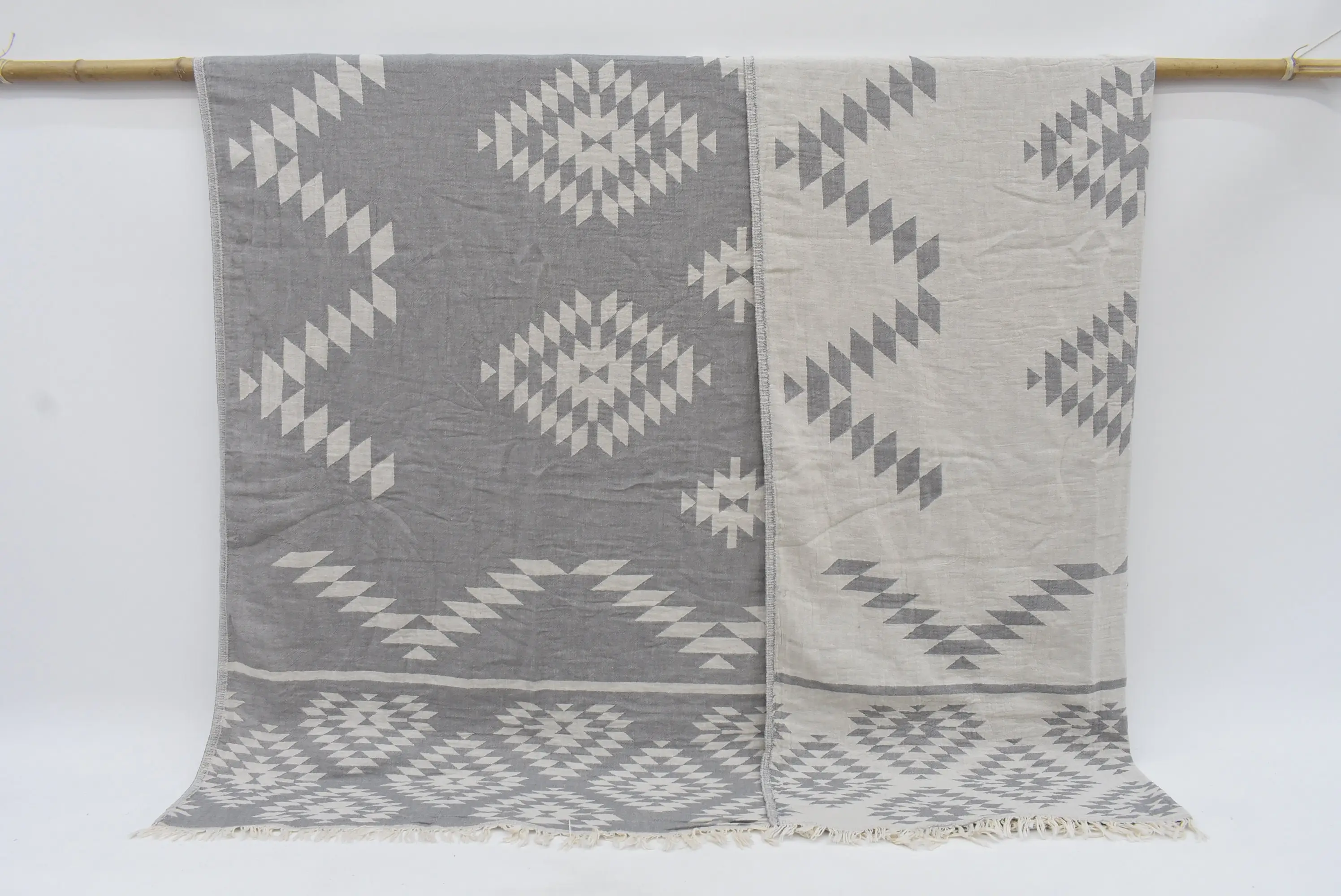 Dark Gray Turkish Cotton Throw Blanket, Geometric Pattern, 94x70 Inches - 1