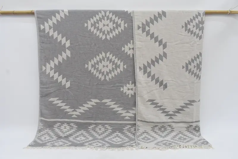 Dark Gray Turkish Cotton Throw Blanket, Geometric Pattern, 94x70 Inches