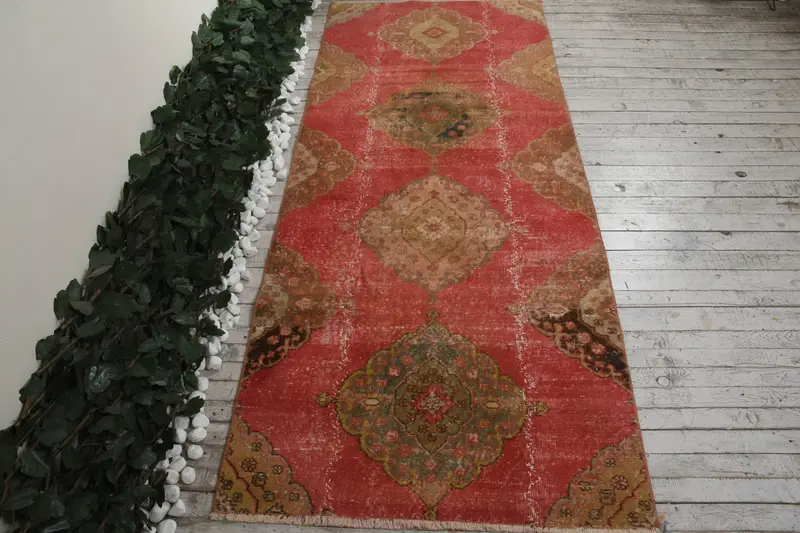 3.5x8.6 ft Vintage Oushak Rug, Red Floral Turkish Wool Rug - 1