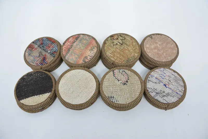 Beige Striped Coaster Set, Six Handmade Kilim Coasters