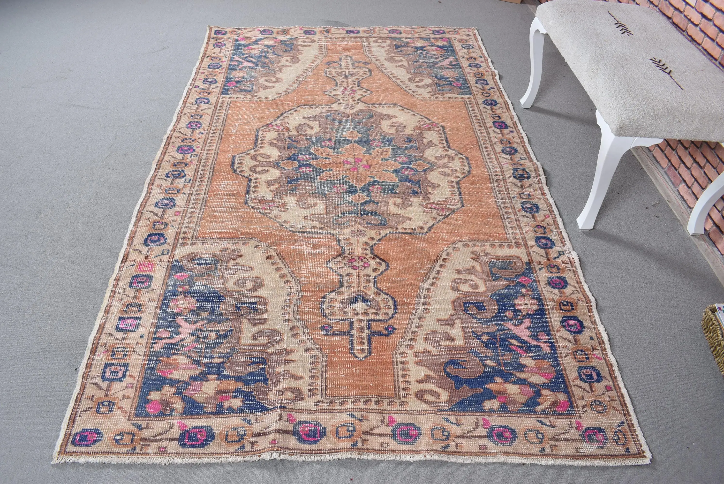 Türkischer Vintage Teppich, 4,6x7,8 ft Teppich, blau gestreifter Wollteppich - 1