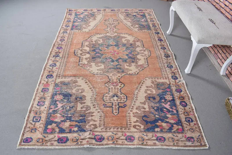 鮮やかなオレンジとブルーのラグ、4.6x7.8フィートのストライプ幾何学模様