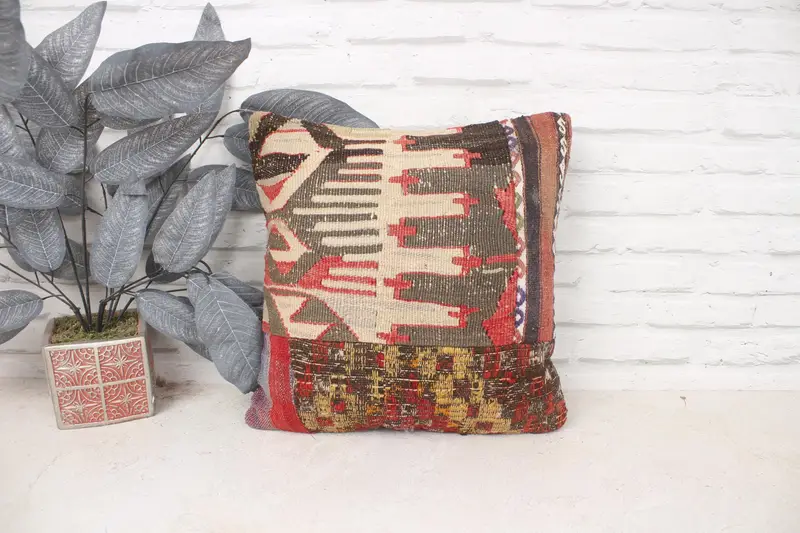 16x16 Beige Cushion Case, Ethnic Pillow Case, Office Chair Pillow Cover, Pillow, Boho Pillow, Kilim Pillow, Kilim Cushion Sham - 1